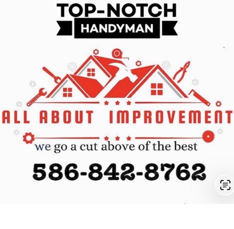 Top-Notch Handyman badge above the All About Improvement logo and phone number.