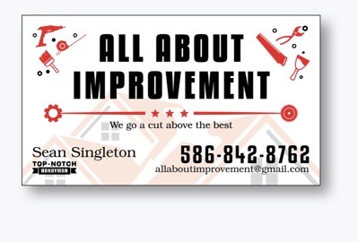 All About Improvement business card listing Sean Singleton, phone, and email, with the Top-Notch Handyman mark.