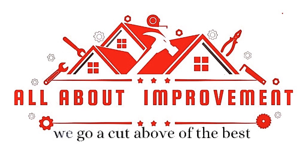 All About Improvement logo: red rooflines, hammer, wrench, saw and tape measure surrounding the company name.